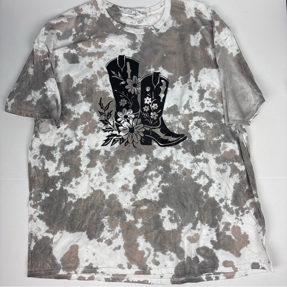 Cowboy Boots Floral Tie Dye Adult 4X T-Shirt White Brown Black Cowgirl Western